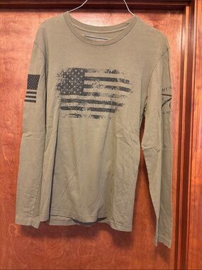 Grunt Style Olive Green Long Sleeve Tee with Distressed Black Flag